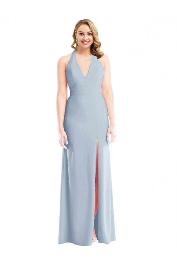 Plunge Neck Halter Backless Trumpet Bridesmaid Dress / Prom Dress with Front Slit Essex