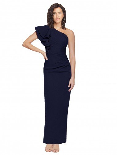 Ruched Floor Length Long Formal Crepe Bridesmaid Dress / Prom Dress with Shoulder Ruffles Essex