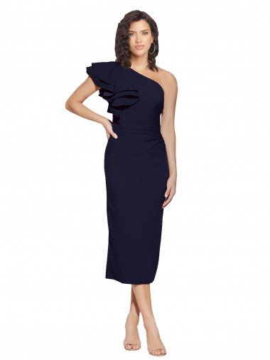Ruched Midi Length Short Cocktail Formal Crepe Bridesmaid Dress / Prom Dress with Shoulder Ruffles Essex
