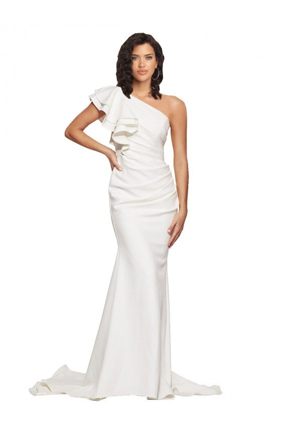 Ruched Long Sweep Train Crepe Bridesmaid Dress / Prom Dress with Shoulder Ruffles Essex