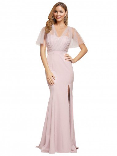 Crepe Long Sweetheart Neckline Formal Bridesmaid Dress / Prom Dress with Tulle Overlay Shoulders Essex