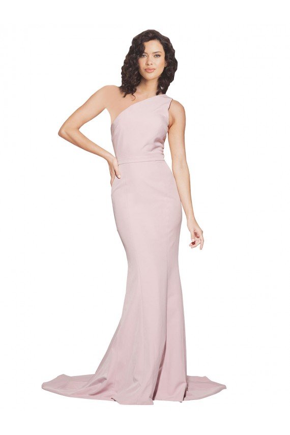Long Sweep Train One Shoulder Crepe Bridesmaid Dress / Prom Dress with Side Leg Split Essex