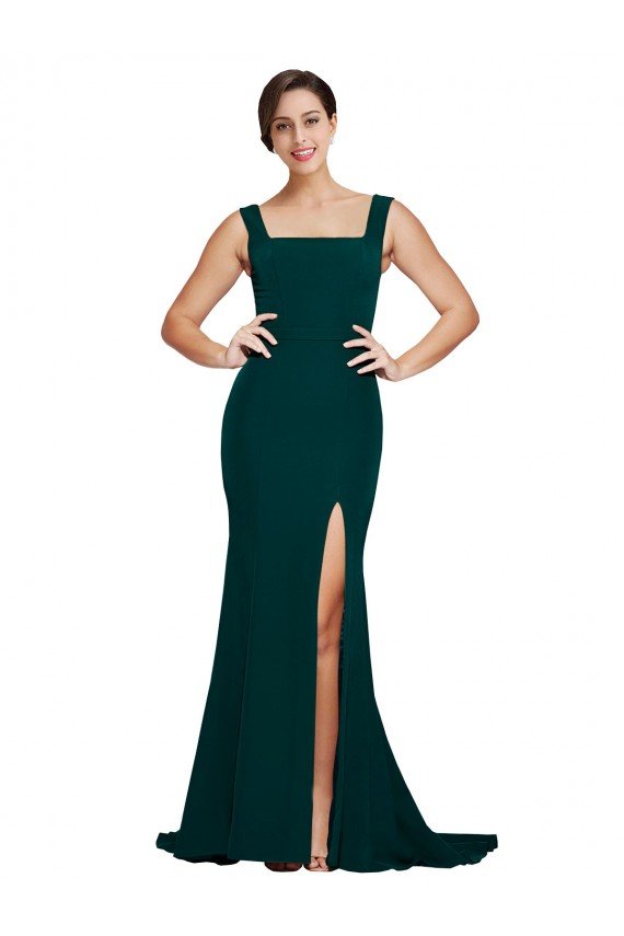 Fitted Square Neck Long Crepe Bridesmaid Dress / Prom Dress with Train and Side Split Essex