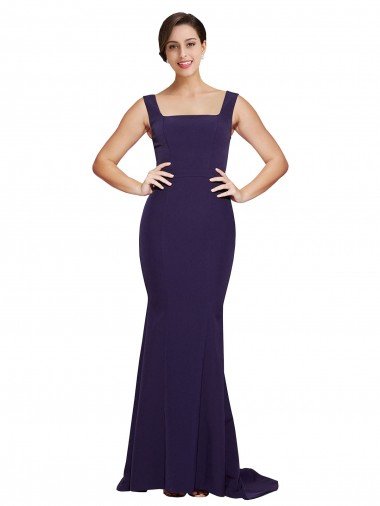 Square Neck Long Sweep Train Crepe Bridesmaid Dress / Prom Dress with Thick Straps Essex
