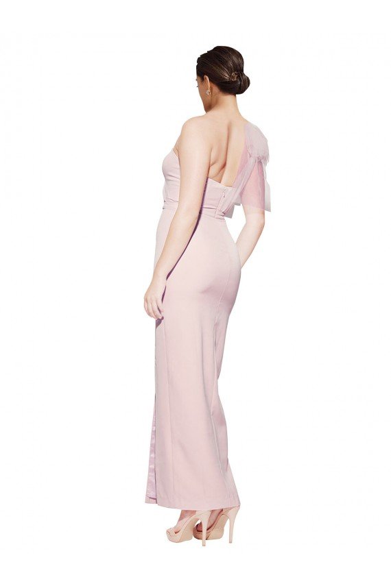 One Shoulder Tulle Overlay Sweetheart Neckline Long Formal Crepe Bridesmaid Drss with Thigh Split Essex
