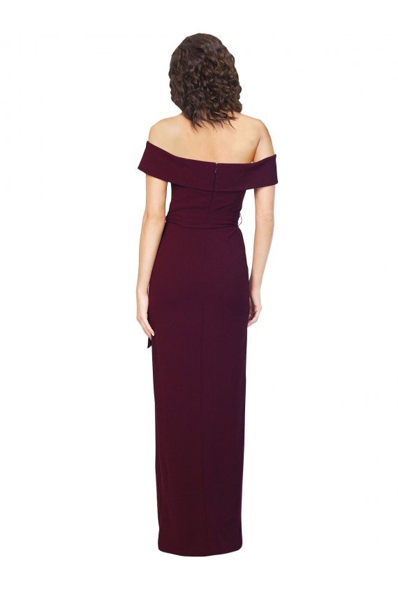 Fitted Full Length Off the Shoulder Formal Crepe Bridesmaid Dress / Prom Dress with Side Split and Waist Tie Essex