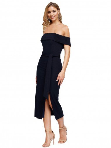 Fitted Short Cocktail Midi Length Off the Shoulder Formal Crepe Bridesmaid Dress / Prom Dress with Side Split and Waist Tie Essex