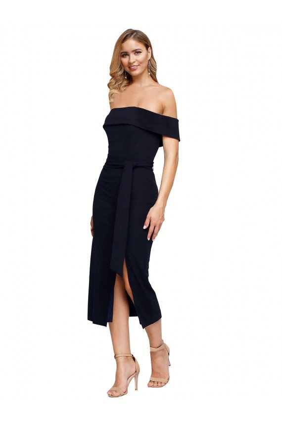 Fitted Short Cocktail Midi Length Off the Shoulder Formal Crepe Bridesmaid Dress / Prom Dress with Side Split and Waist Tie Essex
