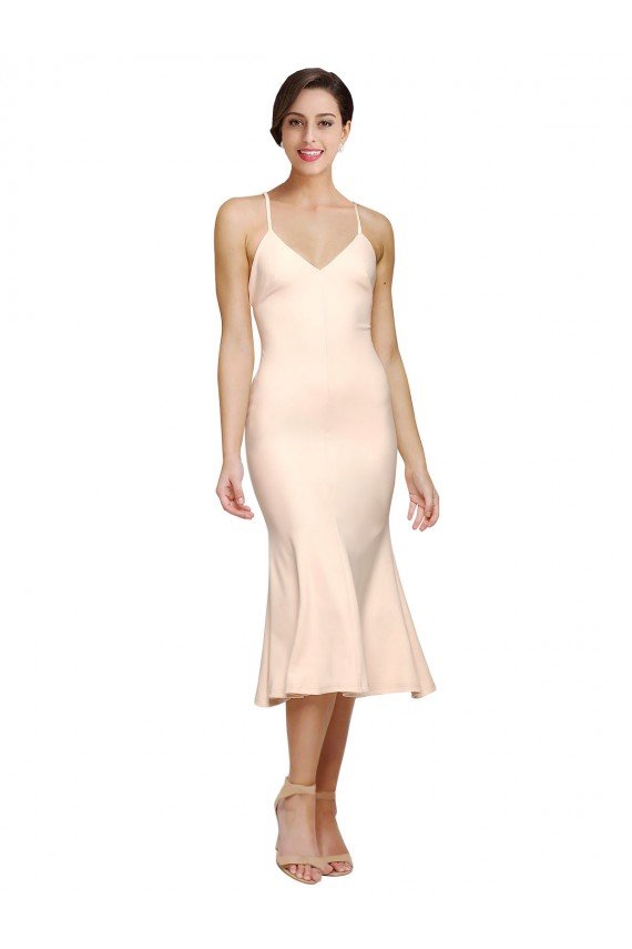 Midi Cocktail Length V-Neckline Crepe Bridesmaid Dress / Prom Dress with Thin Straps and Fulted Skirt Essex