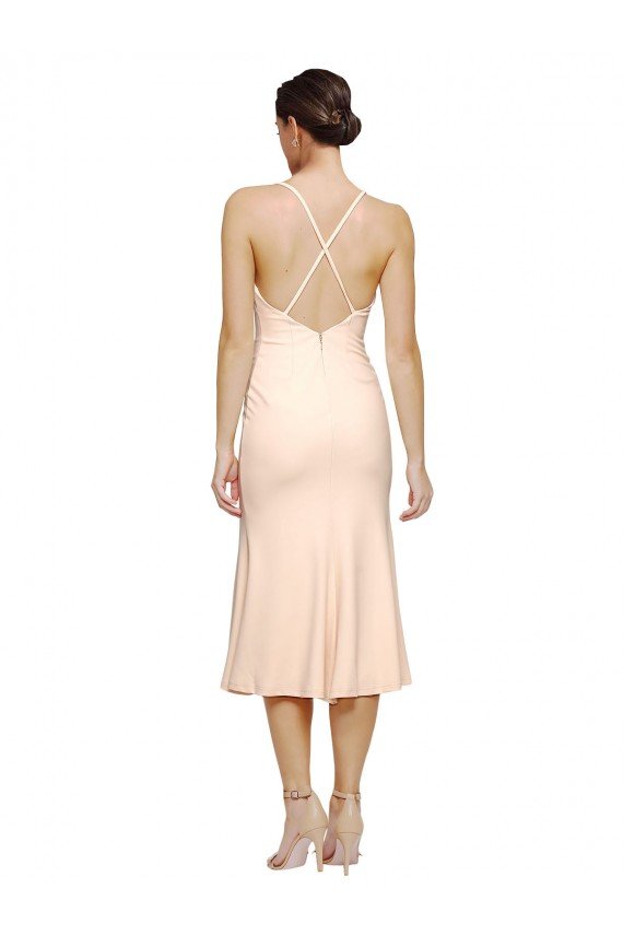 Midi Cocktail Length V-Neckline Crepe Bridesmaid Dress / Prom Dress with Thin Straps and Fulted Skirt Essex