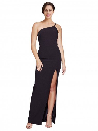 Long Floor Length Formal Crepe Bridesmaid Dress / Prom Dress with Side Split and One Strap Essex