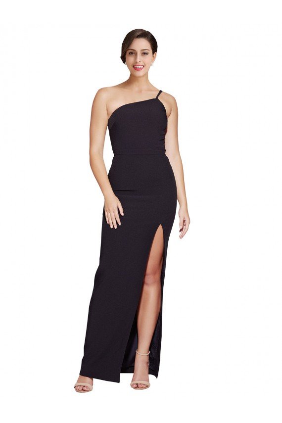 Long Floor Length Formal Crepe Bridesmaid Dress / Prom Dress with Side Split and One Strap Essex