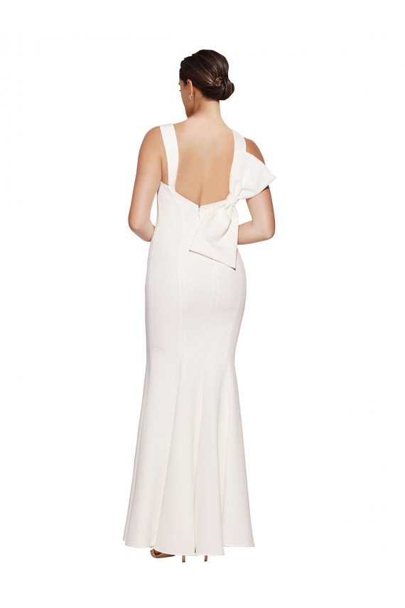 Full Length Square Neck Formal Crepe Bridesmaid Dress / Prom Dress with Asymmetrical Straps and Bow Back Essex