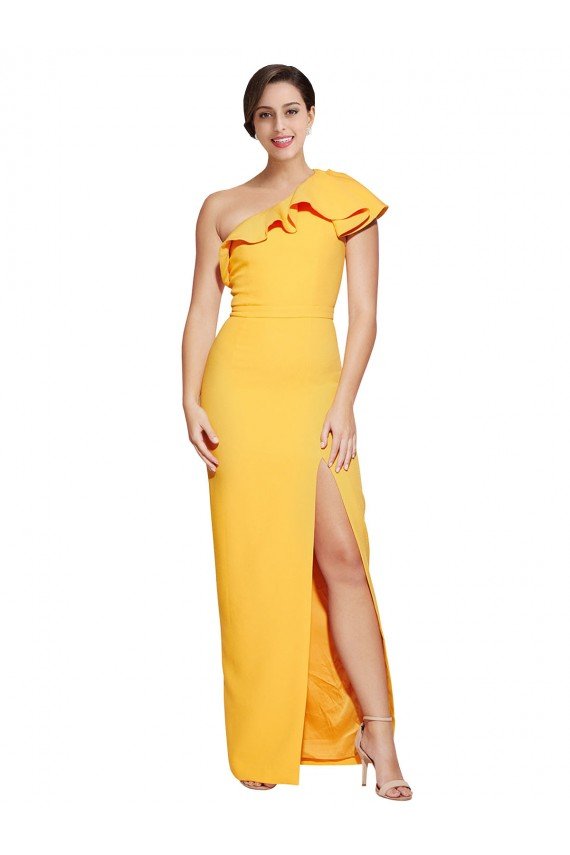 One Shoulder Floor Length Formal Crepe Bridesmaid Dress / Prom Dress with Thigh High Split Essex