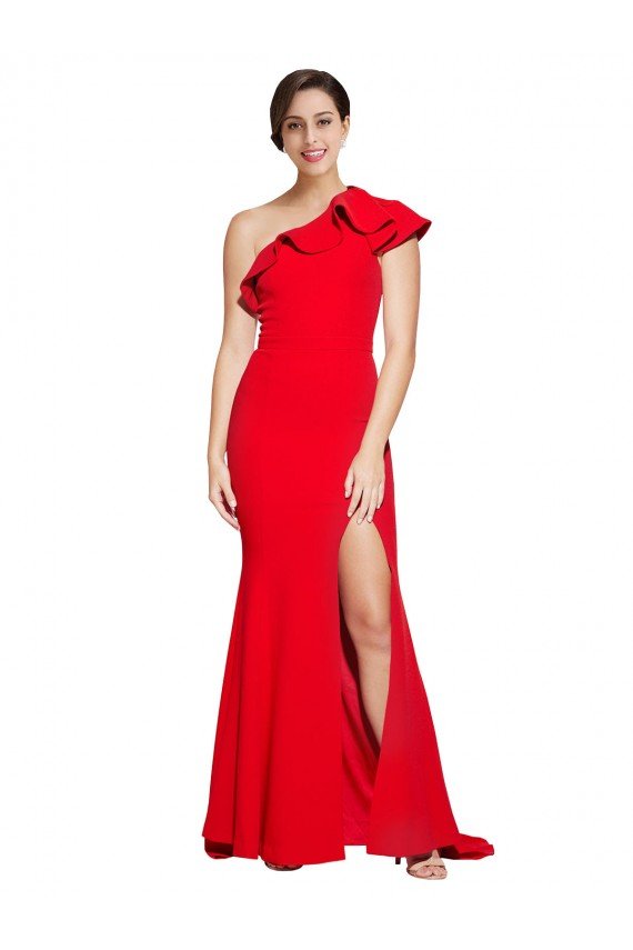 One Shoulder Long Sweep Train Crepe Bridesmaid Dress / Prom Dress with Thigh High Split Essex