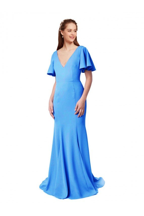 Short Sleeves Long V-Neck Crepe Bridesmaid Dress / Prom Dress with V-Back Essex