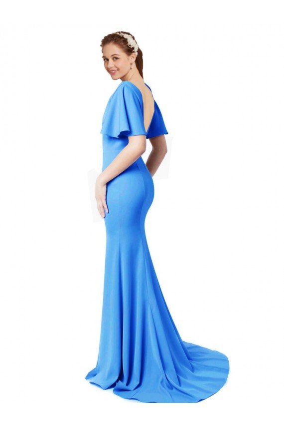 Short Sleeves Long V-Neck Crepe Bridesmaid Dress / Prom Dress with V-Back Essex