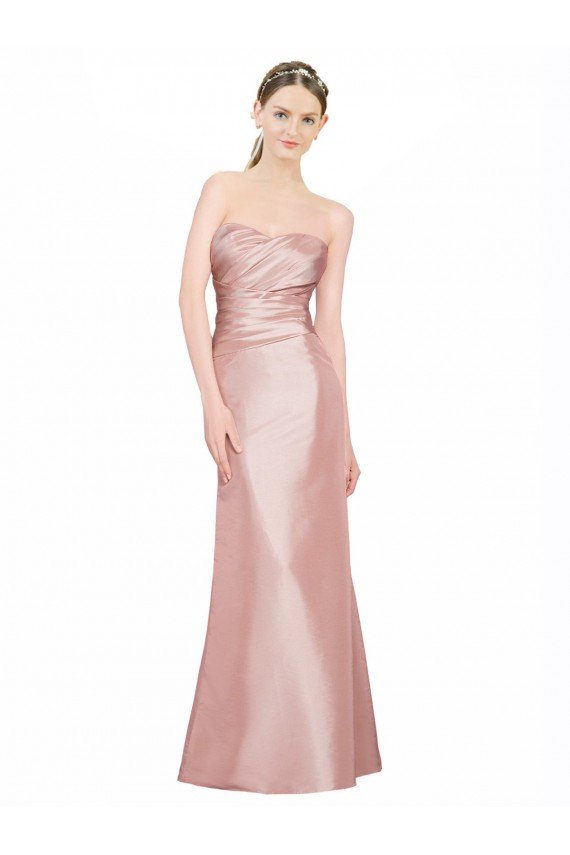 Long Strapless Formal Stretch Satin Bridesmaid Dress / Prom Dress with Pleats and Low Back Essex