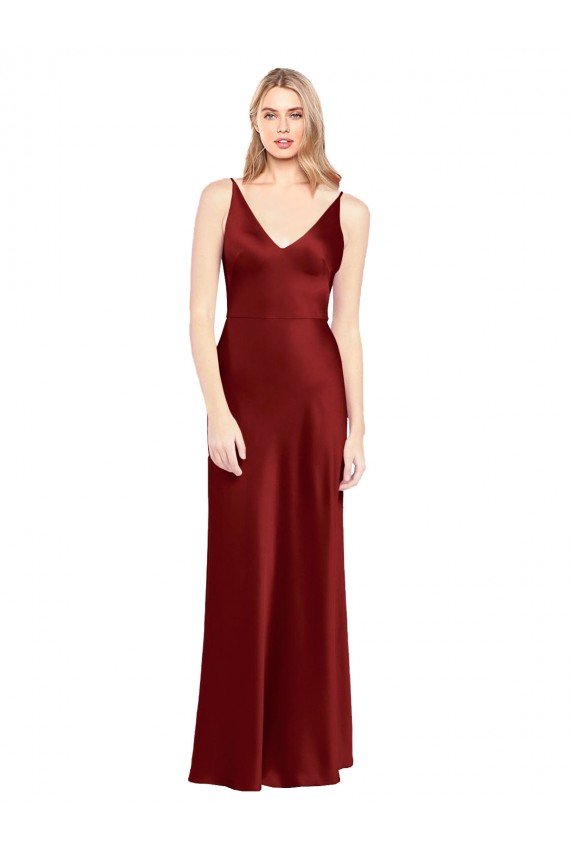 Full Length Long Formal Stretch Satin Slip Bridesmaid Dress / Prom Dress V-Back Essex