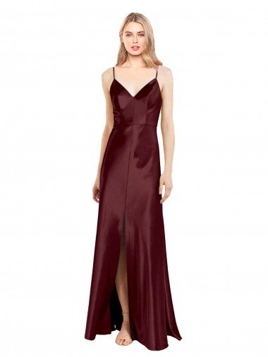 Sleek Spaghetti Straps V-Neck Formal Stretch Satin Bridesmaid Dress / Prom Dress with Center Front Slit Essex