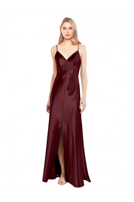 Sleek Spaghetti Straps V-Neck Formal Stretch Satin Bridesmaid Dress / Prom Dress with Center Front Slit Essex