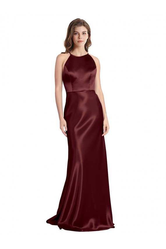 High Neck Halter Long Sleeveless Formal Stretch Satin Bridesmaid Dress / Prom Dress with Strappy Back Essex