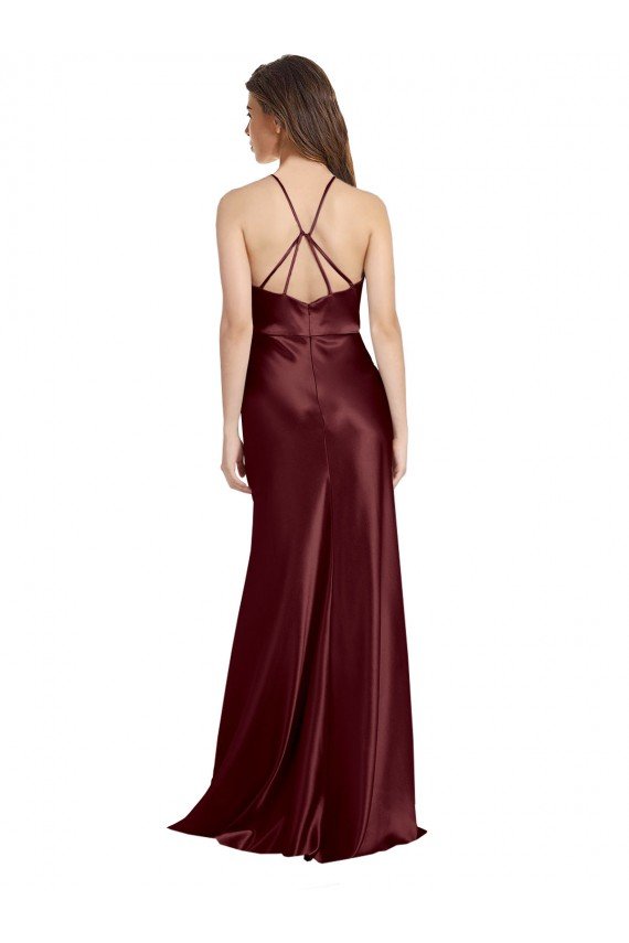 High Neck Halter Long Sleeveless Formal Stretch Satin Bridesmaid Dress / Prom Dress with Strappy Back Essex