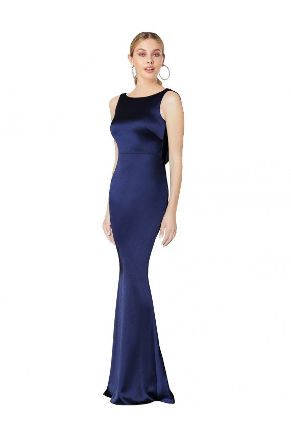 Sheath High Neck Formal Stretch Satin Bridesmaid Dress / Prom Dress Low Back Essex