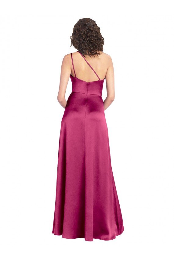 Sleek One Shoulder A-Line Long Formal Stretch Satin Bridesmaid Dress / Prom Dress with Spaghetti Straps Back Essex