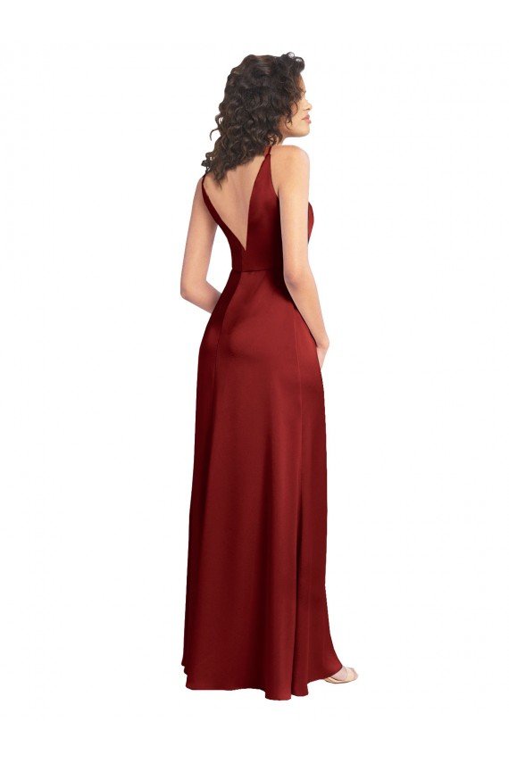 Faux Surplice Neckline Long Slim A-Line Formal Stretch Satin Bridesmaid Dress / Prom Dress Essex