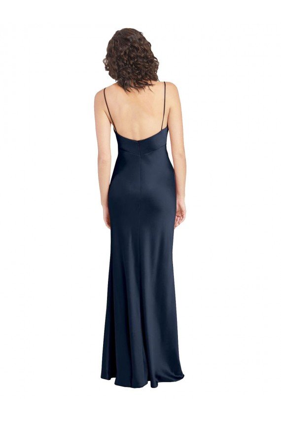 Cowl Neck Long Empire Waist Formal Stretch Satin Bridesmaid Dress with Open Back Essex