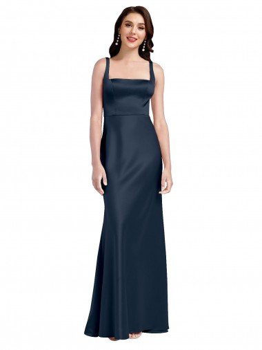 Square Neck A-Line Long Formal Stretch Satin Bridesmaid Dress / Prom Dress with Wide Straps Essex