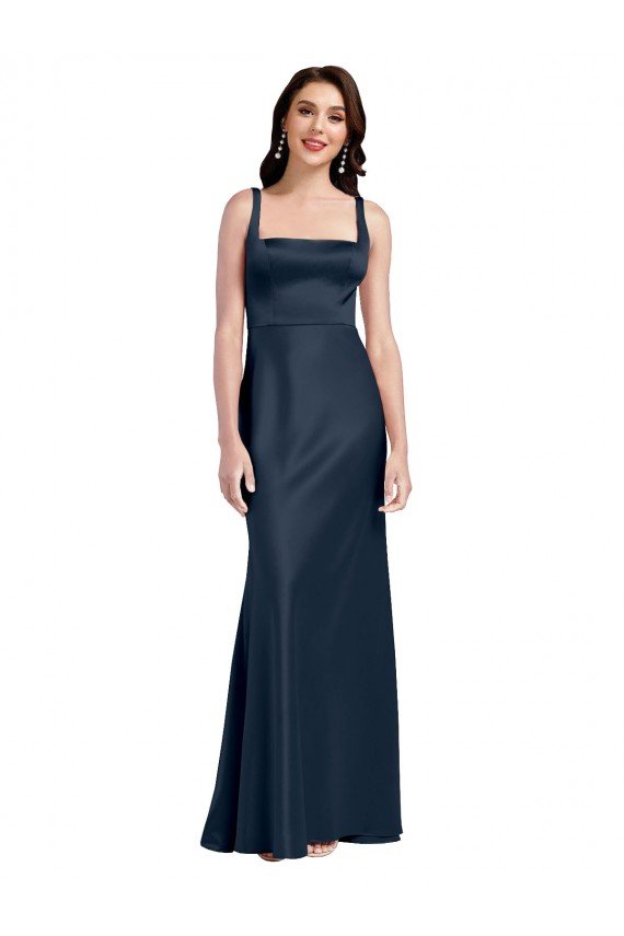 Square Neck A-Line Long Formal Stretch Satin Bridesmaid Dress / Prom Dress with Wide Straps Essex