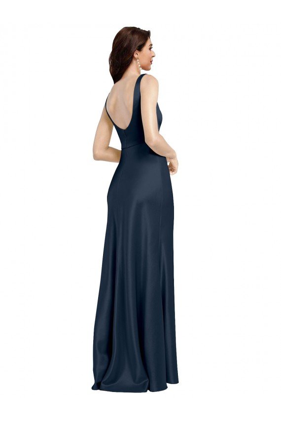 Square Neck A-Line Long Formal Stretch Satin Bridesmaid Dress / Prom Dress with Wide Straps Essex