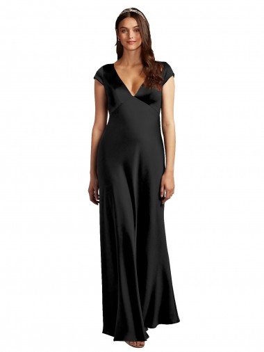 Plunging V-Neck Cap Cleeves Long Formal Stretch Satin Bridesmaid Dress / Prom Dress with Keyhole Back Essex