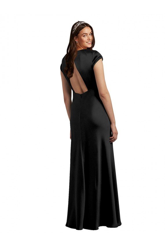Plunging V-Neck Cap Cleeves Long Formal Stretch Satin Bridesmaid Dress / Prom Dress with Keyhole Back Essex