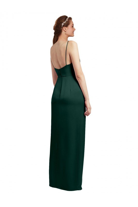 Sleek Straight Neckline Long Wrap Formal Stretch Satin Bridesmaid Dress / Prom Dress with Angled Pleats Essex