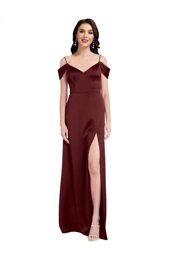 Draped Off the Shoulder Sleeves Slim A-Line Formal Stretch Satin Bridesmaid Dress / Prom Dress with Side Slit Essex