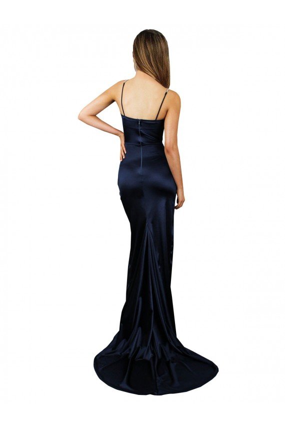 Pleated Sash Skirt Long Formal Stretch Satin Bridesmaid Dress / Prom Dress with High Slit Essex
