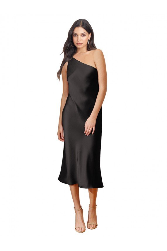 Sleek One Shoulder Midi Length Short Cocktail Formal Stretch Satin Slip Bridesmaid Dress / Prom Dress Essex