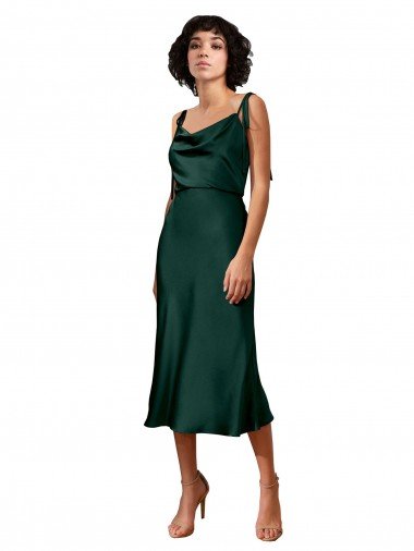 Spaghetti Straps Tie Shoulders Cowl Neck Short Midi Length Formal Stretch Satin Cocktail Bridesmaid Dress / Prom Dress Essex
