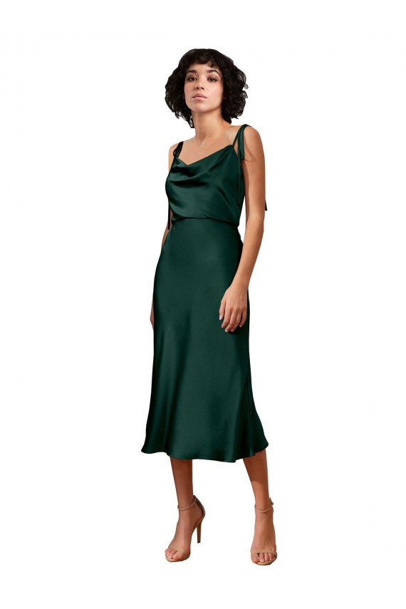 Spaghetti Straps Tie Shoulders Cowl Neck Short Midi Length Formal Stretch Satin Cocktail Bridesmaid Dress / Prom Dress Essex
