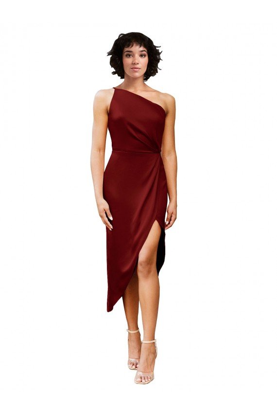 One Shoulder Cocktail Midi Length Short Formal Stretch Satin Wrap Style Bridesmaid Dress / Prom Dress Essex