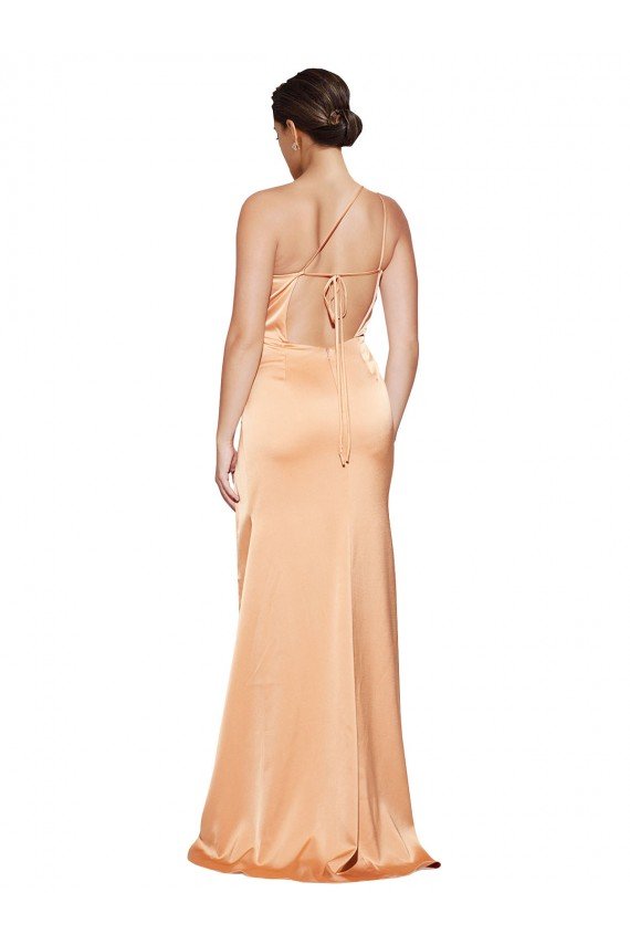One Shoulder Ruched Formal Stretch Satin Bridesmaid Dress / Prom Dress with Thigh High Split Essex