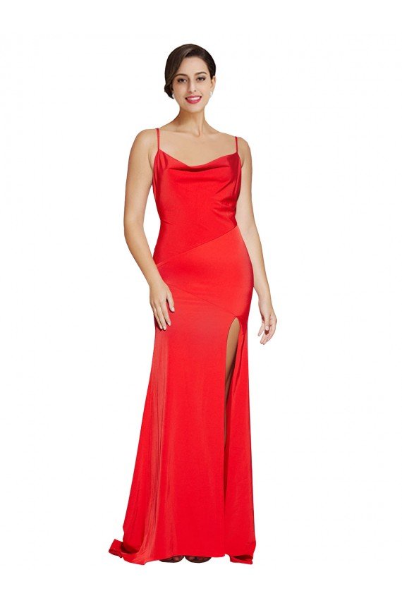 Low Back Cowl Neck Formal Stretch Satin Bridesmaid Dress / Prom Dress with High Side Slit Essex