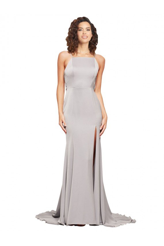 High Neck Low Back Long Full Length Formal Stretch Satin Bridesmaid Dress / Prom Dress Essex
