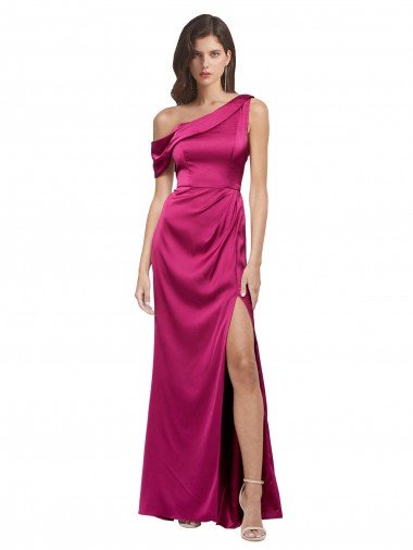 Off the Shoulder Short Sleeves Formal Stretch Satin Bridesmaid Dress / Prom Dress with Side Slit Essex