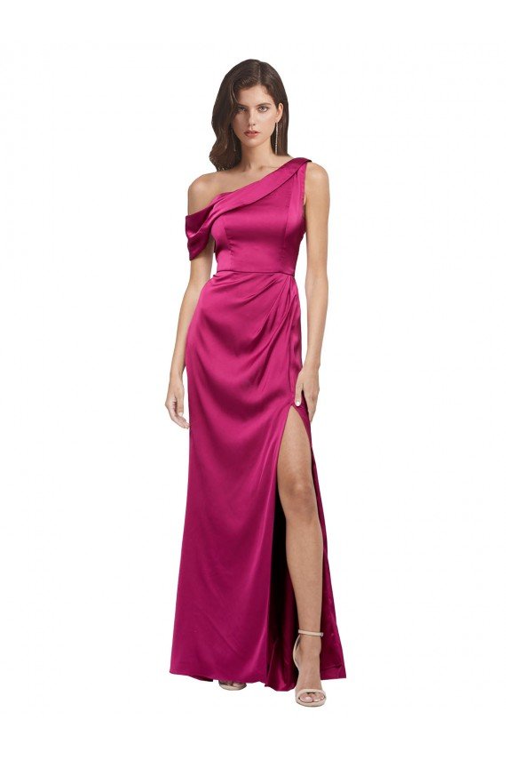 Off the Shoulder Short Sleeves Formal Stretch Satin Bridesmaid Dress / Prom Dress with Side Slit Essex