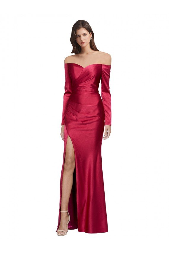 Long Sleeves Off the Shoulder Formal Stretch Satin Bridesmaid Dress / Prom Dress with High Side Split Essex