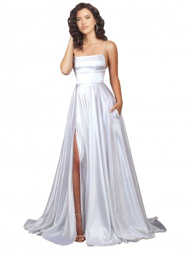 Simple A-Line Corset Style Pleated Long Stretch Satin Beach Wedding Dress with High Slit Essex